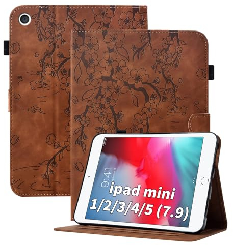 Cicili Case for iPad Mini 5 Generation 2019/ Mini 4 3 2 1, Stand Hard Back PU Leather Cover Embossed Flower Multi-Angle Stand with Auto Wake/Sleep, Brown