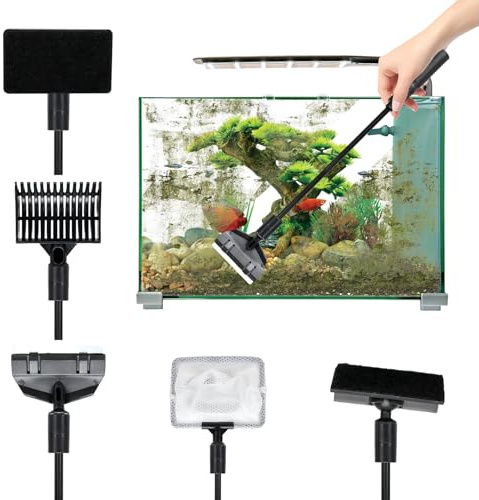 TTIAYAO Kit di pulizia per acquario 5 in 1 Strumenti per la pulizia dell'acquario accessori acquario con rete per pesci, raschietto, rastrello per ghiaia, spugna