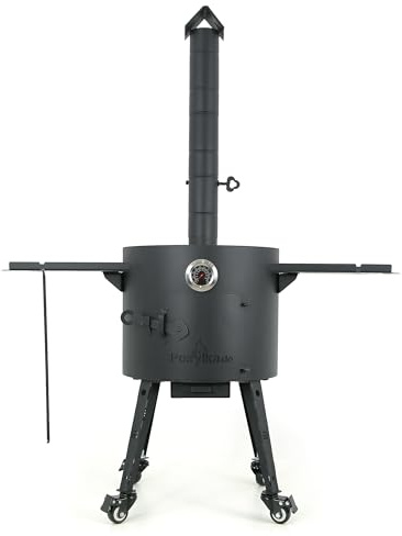 ZARENHOFF Utschak Feuerofen Ø 40 cm | mit Räder & Ablagen | Thermometer | Gulaschkanone aus 2 mm Stahl für Kazan 12L| Abzugsrohr | mit 4 Räder | 2 Ablagetische | Schürhaken | Outdoor Plov