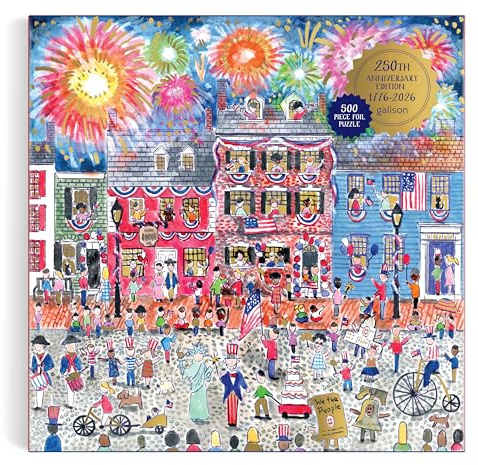 Galison Celebrate The USA – 500 Piece Michael Storrings Foil Jigsaw Puzzle Featuring Beautiful Artwork Of The USA 250th Birthday Fourth Of July Fireworks Celebration