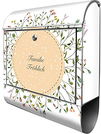 banjado® Design Briefkasten personalisiert WT Blumenkranz 38,5x46,5x13cm & 2 Schlüssel - Briefkasten Stahl Silber Zeitungsfach pulverbeschichtet - Postkasten A4 Einwurf inkl. Montagematerial