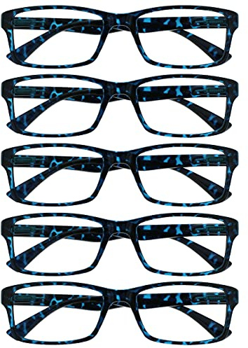 OPULIZE PEP Reading Glasses for Women Men, Large Rectangular Designer Frame with Spring Hinges, Scratch Resistant, Blue +2 (Pack of 5)