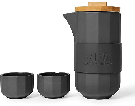 VIVA scandinavia Teekanne mit 4 Teetassen im 5-teiligen-Set aus Porzellan, Teekanne Porzellan mit hochwertigen Bambus-Holz-Deckel, Dunkel Grau