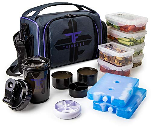 Isolierte Lunchbox mit 6 Meal Prep Boxen – BPA-Frei Wiederverwendbar Mikrowellen- und Gefriergeeignet – Lunch Tasche mit Shaker-Becher Pillen-Organizer Schultergurt und Kühlakkus - Kühltasche Lila