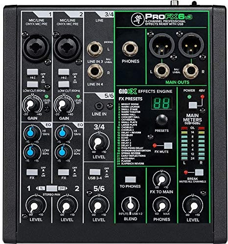 Mackie ProFX6v3 Table de mixage analogique 6 canaux avec préamplis micro onyx, effets et interface audio USB 24 bits/192 kHz (2 x 4 canaux)