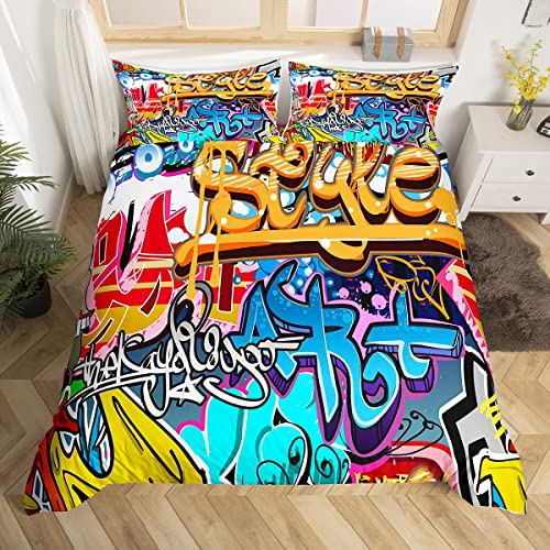 Feelyou Hippie-/Graffiti-Bettbezug-Set, Queen-Size-Größe für Kinder, Jungen, Jugend-Bettbezug, moderne Bettwäsche, Wand Urban Street Art, Tagesdecke, Reißverschluss und Bändern, personalisierbar