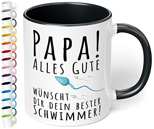 Lustige Papa Tasse „Papa! Alles Gute wünscht dir dein bester Schwimmer!“ – Kaffeetasse mit Spruch - originelles Geschenk für Vater zum Geburtstag, Vatertag, Weihnachten (Schwarz)