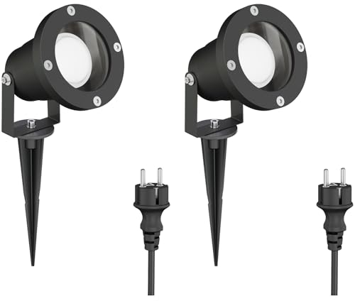 ledscom.de 2 focos LED para jardín DUK negro con pincho de suelo para exteriores, aluminio, incl. lámpara GU10 6,826W 630lm 100° blanco cálido