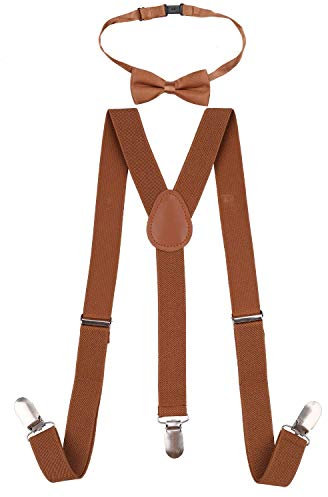 WedDecor Kids Suspenders and Bow Tie Brown 1 to 6 year Old Children – 60cm X 25mm, Adjustable Y Shaped Clip-On Suspenders with Solid Colour Bow Tie for Boys & Girls Fashion Accessory