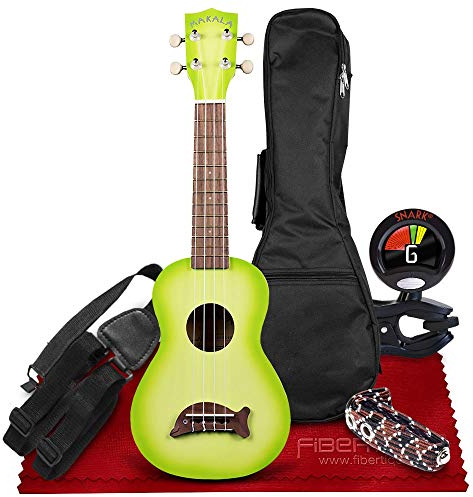 Kala MK-SD/GRNBURST Makala Dolphin Sopran Gloss Ukulele - Laurel Griffbrett, Mahagoni, Composite Body (Green Apple Burst) mit Bundle Zubehör inklusive Tuner, Capo, Tragetasche, für Anfänger