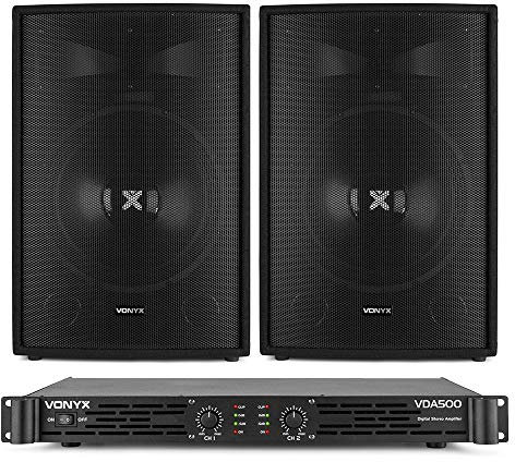 VONYX SL15 Passive DJ Speaker System with VDA500 Amplifier - Complete 1600W Stereo PA Disco Sound Setup, 15 Speakers & Professional Audio Cables Included