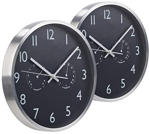 St. Leonhard Schlafzimmer Uhr Funk: 2er-Set 3in1-Funk-Wanduhr mit Thermometer & Hygrometer, aus Aluminium (Wanduhr Schlafzimmer, Funkwanduhr mit Thermometer, Küche)