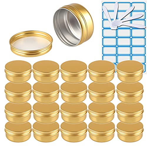 ZEOABSY Pack of 30, Empty 50ml Gold Aluminium Tins with Screw Lids Round Cosmetics Containers Pots Storage Jars for Lip Balm DIY Candle Salve Powder Crafts with 5 Spatula, 2 Labels