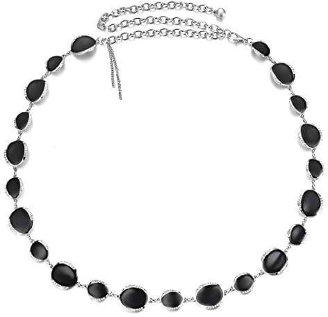 WedDecor Metal Chain Ladies Belt with Black Rhinestone | Adjustable Body Link Chain Women's Belts for Dress, Jeans, Pants, and Coat | Multi Layer Body Belly Waist Silver Chain Belts for Women