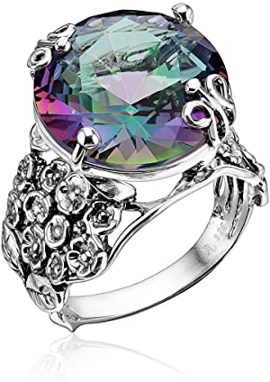 Breiter Bandring aus 925er-Sterlingsilber mit Mystic Bold Oval Round Cubic Zirconia Floral Show Stopper. Hypoallergen, nickel- und bleifrei, handwerklich gefertigte Designerkollektion, Israel