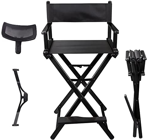 Lorvain Faltbarer Make-up-Künstler-Hocker, tragbar, hoch, zusammenklappbar, Regiestuhl, Aluminium-Make-up-Stuhl mit Kopfstütze für Studio, Salon, Schminktisch, Barhöhe – schwarzer Stuhl