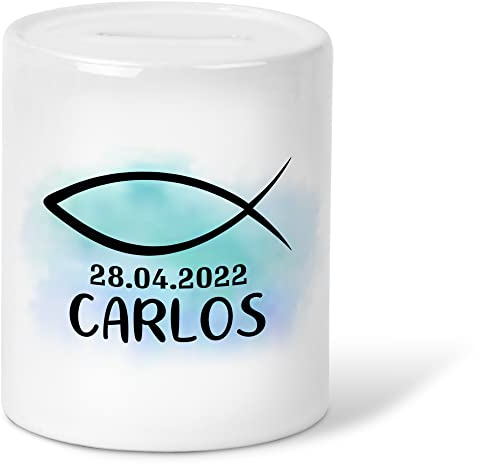 GRAVURZEILE Spardose für Kinder - Konfirmation Kommunion Design - personalisiert mit Namen & Datum - Geschenk für Jungen & Mädchen zur Kommunion Konfirmation - Farbe: Spardose Blau