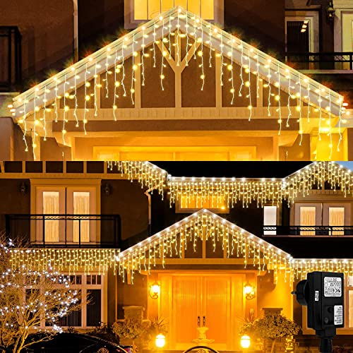 Lichterkette Außen Eisregen, 10M 400 LED Lichterkette Eiszapfen mit Stecker Timer, 8 Modi IP44 Wasserdicht Warmweiß Lichtervorhang Weihnachtbeleutung für Traufe Treppe Geländer Weihnachten Hochzeit