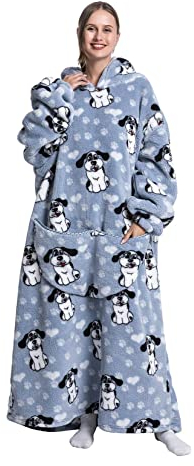 Extra Long Wearable Blanket Hoodie, Oversized Sweatshirt for Women and Men, Super Warm and Cozy Hooded Thick Flannel Blanket with Sleeves and Giant Pocket (Big Ear Doggy)