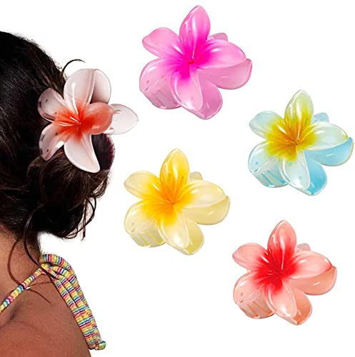 YIHECWY Haarklammern mit Plumeria-Blumen-Motiv, Acryl, hawaiianische Haarklammern für mitteldickes Haar, Damen und Mädchen, Hawaii-Haarschmuck (4 Farben), 4 Stück