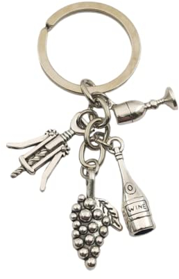 Llavero de botella de vino - Llaveros de botella de vino, copa de vino, abrebotellas y racimo de uvas - Llavero vino tinto, blanco - Llavero para amantes del vino - Llavero unisex para hombre y mujer