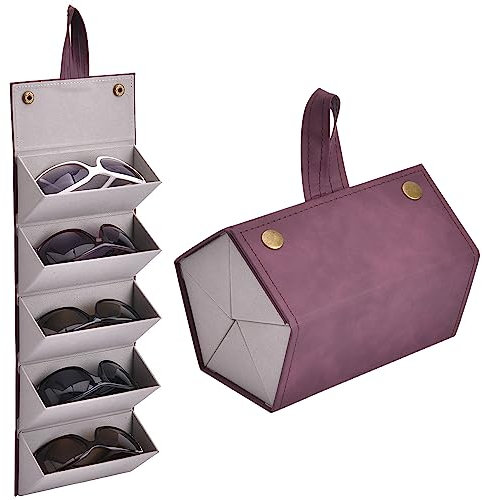 TJC Portable Sunglasses Travel Organizer 5 Slots Foldable Sunglasses Storage Case Eyeglasses Holder Box Multipurpose Compact Design Faux Leather Size 17x13x12 cm Maroon
