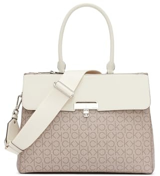 Calvin Klein Damen Tote Bag-2 in 1, Veganes Leder, Monogramm, 3 Taschen Becky Tragetasche mit 3 Fächern, Mandel/Taupe/Weiß