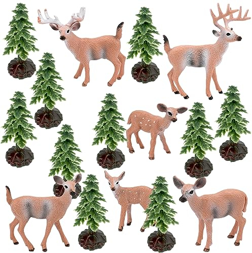 Bekecidi 16PCS Christmas Village Scene, Miniature Christmas Tree Christmas Deer Figurines Miniature Woodland Creatures Figurines for Xmas DIY Crafts Winter Room Landscape (Brown)