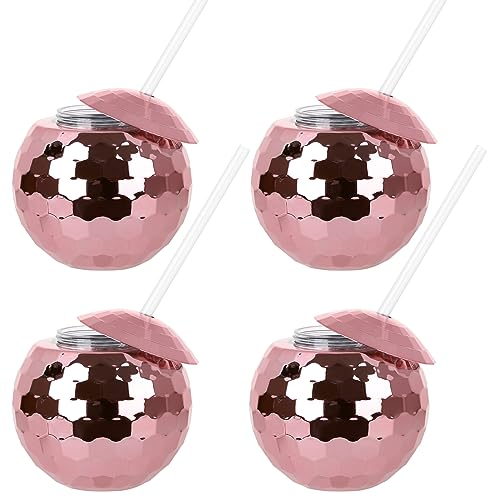 FQQWEE 4 Stück Discokugel-Trinkbecher, Discokugel-Becher mit Strohhalm, Glitzer-Kugelbecher, Discokugel-Becher, Flash-Cocktailbecher mit Deckel, Strohhalm für(Roségold – 4 Stück)