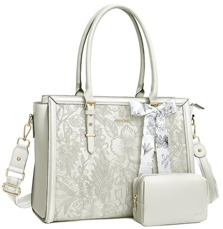 MOSISO Laptop Bag for Women, 15.6-16 inch PU Leather Tote Bag Compatible with MacBook, HP, Dell, Asus Notebook, Front Embossed Retro Hibiscus Computer Bag with Silk Scarf&Clutch Purse, Beige