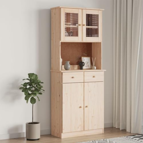 Hommdiy Küchenschrank, Hochschrank Küchenbuffet Vitrinenschrank, Buffetschrank Highboard ALTA Highboard mit 2 Schubladen und 2 Türen 77x35x188 cm Massivholz Kiefer