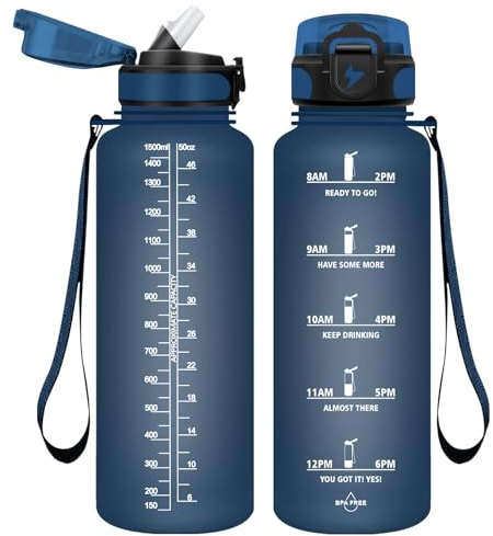 Vikaster Unisex-Adult VK-TY-SDXZG-1500ML-M-Navy-Blue-295C-VC 1.5l Strohhalm, BPA Frei, Trinkflasche für Yoga, Fitness, Camping, Outdoor, Gefrostet-Marine Blau 1500ml