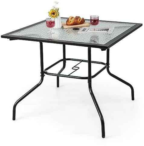 GOPLUS Gartentisch, 89×89 cm Bistrotisch aus Metall mit Glasplatte & 38mm Schirmloch, quadratischer Balkontisch, Beistelltisch wetterfest, Esstisch Outdoor für Garten, Hof, Veranda & Terrasse