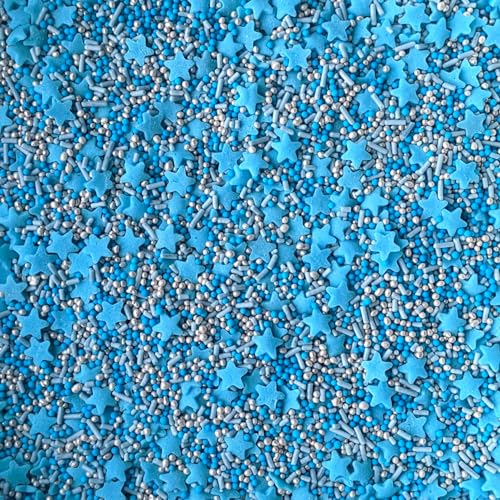 Blue Stars Mixed Sprinkles - 100g of Blue and Silver Edible Cake Toppers Decorations, 100s 1000s Mini Balls Strands Sugar Stars