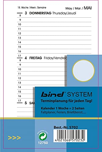 bind Kalender 2025 DIN A7 Kalendereinlagen Terminkalender Tageskalender 1 Woche = 2 Seiten B570225