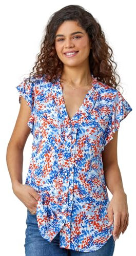 Roman Sleeveless Shirt for Women UK Ladies Blouse Top Button Through Summer Smart Casual Work Cocktail Party Office Holiday Special Occassion Evening Going Out - Blue White Orange - Size 12