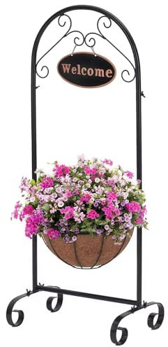 Metal Welcome Planter Basket Stand with Coco Liner, 39.5” Hanging Planter Stand with Decorative Welcome Sign Outdoor Decor for Garden, Patio, Deck, Entry and Front Porch (Welcome Planter)