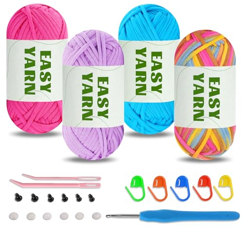 4 X 50g Häkelgarn Baumwolle Häkelwolle Dicke Wolle Zum Häkeln, Easy Crochet Yarn Cotton Chenille Wolle Zum Häkeln Dicke Wolle gut Sichtbare Maschen, Wolle zum Häkeln Dickes Garn Baumwoll-Nylon