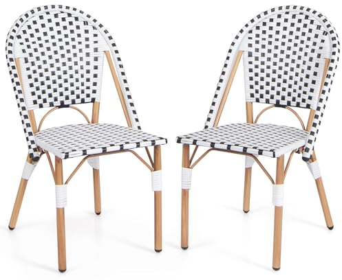 COSTWAY 2er Set Gartenstühle Rattan, Terrassenstühle ohne Armlehnen, Balkonstühle mit galvanisiertem Metallrahmen für Garten, Küche, Terrasse