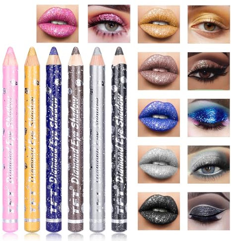 Desing Wish 6 Stück Glitzer Lidschatten Stift Lippenstift Set Lippenstift Schwarzer 24 Stunden Halt Lipstick Long Lasting Schwarz Pink Lila Gold Braun Lidschattenstift Make up Schminke Damen Geschenk