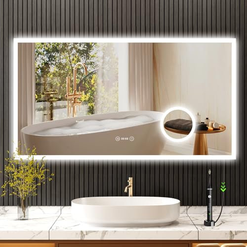YOLEO Badspiegel mit Beleuchtung, LED Spiegel mit Uhr, Temperatur, 3-Fach Vergrößerung, Wandspiegel mit Steckdose, Badezimmerspiegel LED Beschlagfrei, 3 einstellbare Lichtfarbe, 100x60cm