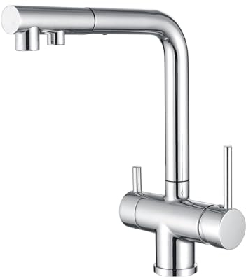 XJTNLB 3 Way Kitchen Tap with Pull Out Hose Chrome Drinking Tap for Kitchen Sink Dual Mode 360° Swivel Kitchen Mixer Spout with 2 Lever