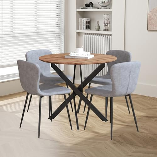 GOLDFAN Rund Esstisch mit 4 Stühlen Holz Küchentisch Retro mit Schwarz Metallbeinen, Esszimmerstuhl aus Stoff, für Esszimmer Wohnzimmer, 80cm, Grau
