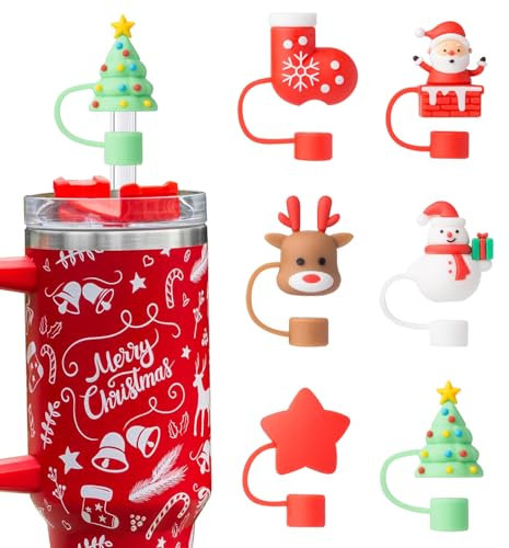 6PCS Straw Cover Cap for Stanley Cup - Christmas Tumbler Accessories, 10mm Dust-Proof Silicone Toppers, Reusable Tips for 30&40 Oz Stanley Tumblers