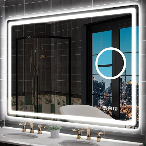 S'bagno Bluetooth Bathroom Mirror with LED Lights 100x70cm, LED Mirror Bathroom with 5x Magnifier, Anti-Fog, 3000-6500K, Dimmable, Memory, HD Tempered Glass, IP44 Waterproof, Horizontal/Vertical