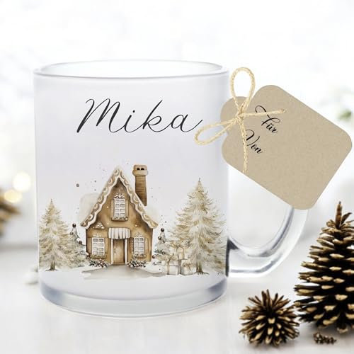Manufaktur Liebevoll I Tasse Weihnachten Glastasse Glühweintasse mit Namen Weihnachtstasse personalisiert Tasse Nikolaus Weihnachtsgeschenke Kinder Glühwein Frauen Männer Kollegin Geschenk (Mika)
