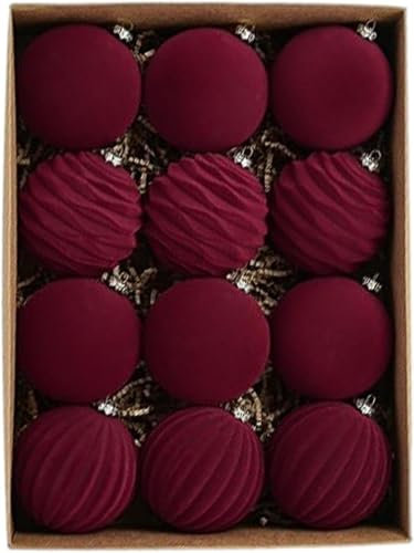 Set of 12 Flocked Baubles, Vintage Red and Gold Velvet Baubles Flocked Christmas Tree Decoration, Large Shatterproof Hanging Baubles for Christmas Wreaths