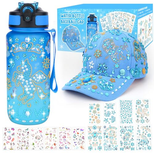Geschenke für Mädchen 4 5 6 7 8 9 10 11 Jahre, DIY Trinkflasche und Baseballkappe Weihnachtsgeschenke für Mädchen Einhorn Aufkleber Selbst Gestalten Glitzer Edelstein Basteln Bastelset, Blau