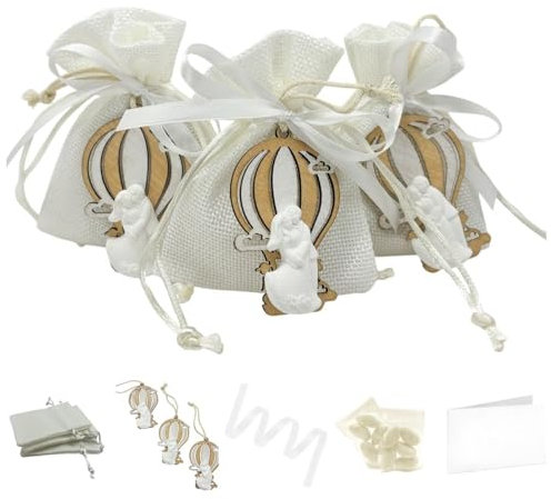 Doni Bomboniere Set Matrimonio 12 Sacchetti Juta Bianco Portaconfetti 12 Applicazione in Legno e Gessetto Coppia Sposi e Mongolfiera 12 Bustine Confetti Bianchi 12 Bigliettini da Personalizzare Gadget