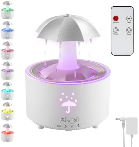 Regenschirm Luftbefeuchter, Regenwolken-Luftbefeuchter, Regengeräusche Zum Schlafen, Rain Cloud Humidifier Regen Pilz Lampe mit 7 Farbe Licht, Regenschirm-Luftbefeuchter 350ml, Öl Diffuser